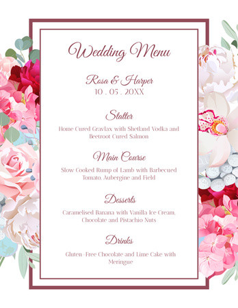 Wedding Food List with Pink Roses Menu 8.5x11in Design Template