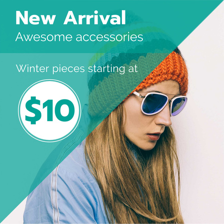 Fashion Sale Ad with Girl in hat and glasses Instagram Design Template