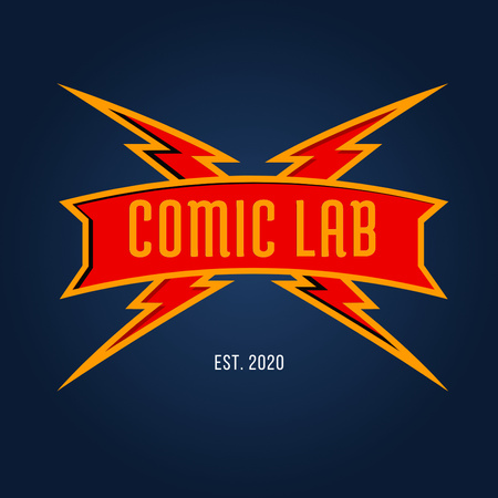 Template di design emblema del negozio di fumetti con illustrazione lightnings Logo