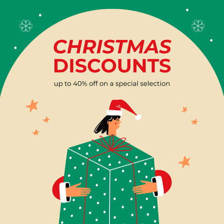 Christmas Discount Illustrated Women with Big Present Instagram AD Design Template