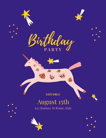 Birthday Party Announcement with Unicorn on Purple Background Invitation 13.9x10.7cm Design Template