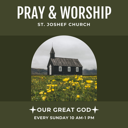 Ontwerpsjabloon van Instagram van Aanbiddingsaankondiging met kerk in het veld