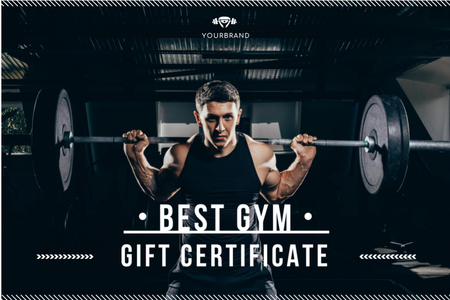 Platilla de diseño Handsome Man Training with Barbell in Gym Gift Certificate