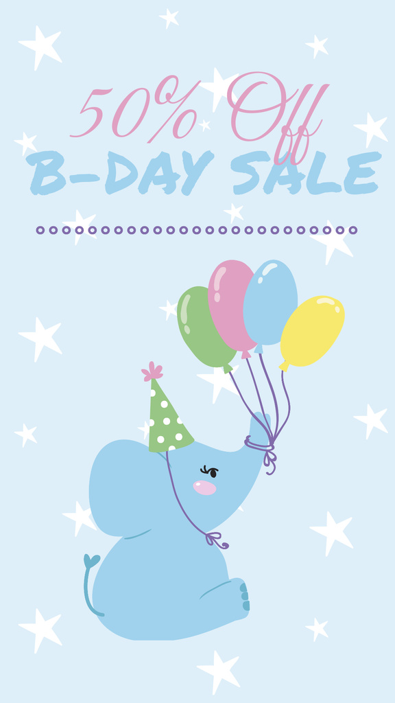 Modèle de visuel Funny elephant with balloons for Birthday sale - Instagram Story