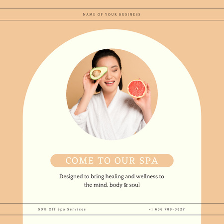Spa Services Ad with Woman Holding Grapefruit and Avocado Instagram Design Template