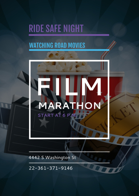 Film Marathon Announcement with Popcorn Flyer A4 Design Template