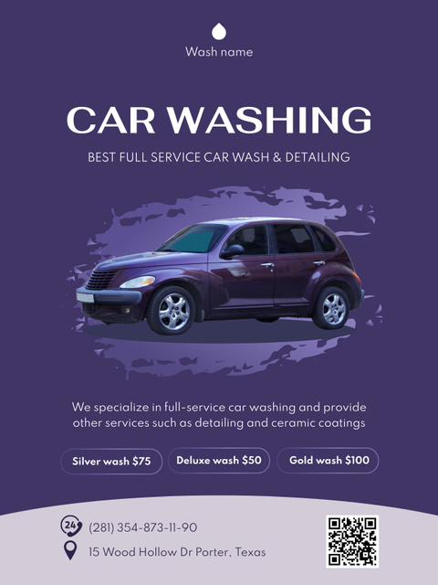 Offer of Car Washing on Purple Poster USデザインテンプレート