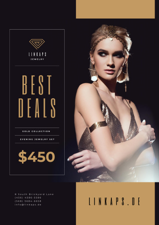 Jewelry Sale with Woman in Golden Accessories Poster B2 Design Template