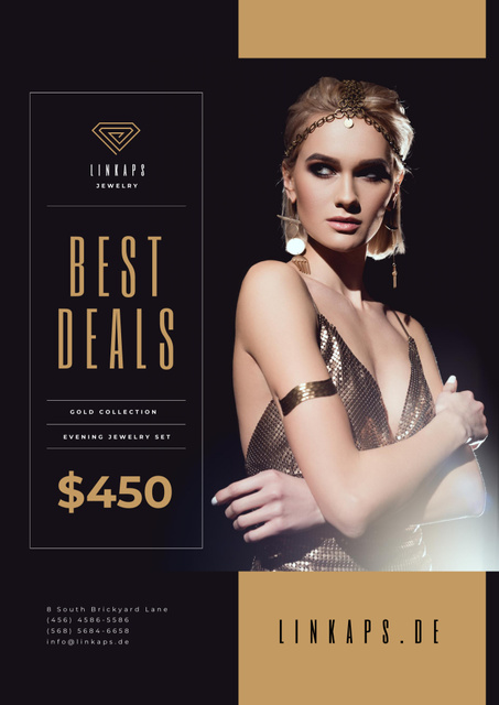 Jewelry Best Sale with Woman in Golden Accessories Poster B2 Design Template