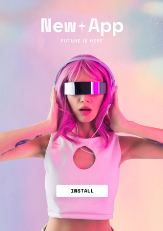 New App Ad with Woman in VR Glasses Poster A3 Design Template