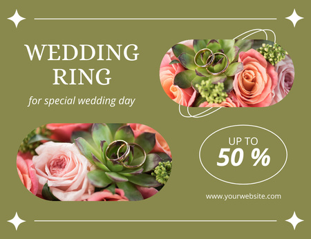 Plantilla de diseño de Dos anillos de bodas de oro en ramo de rosas Thank You Card 5.5x4in Horizontal 