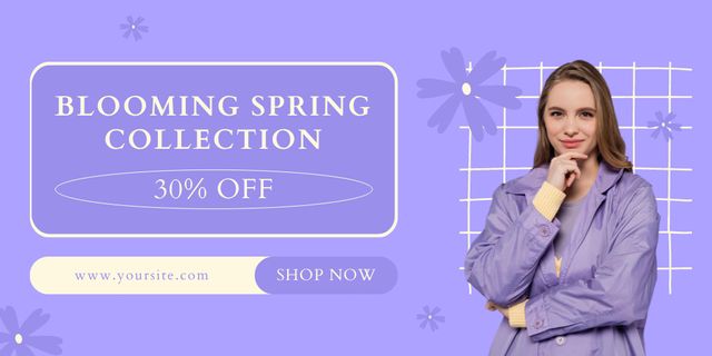 Spring Collection Sale with Young Woman in Lilac Twitter Design Template