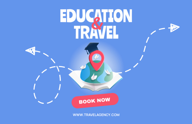 Designvorlage Educational Tours Ad with Graduation Hat on Planet für Flyer 5.5x8.5in Horizontal