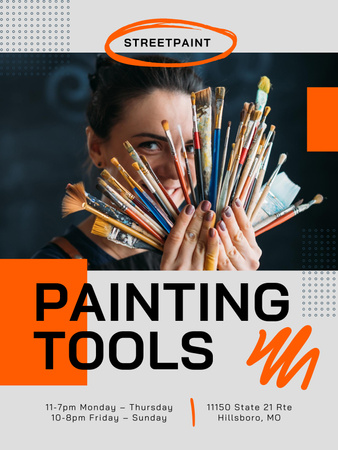 Plantilla de diseño de Oferta de herramientas de pintura con mujer sosteniendo pinceles Poster US 