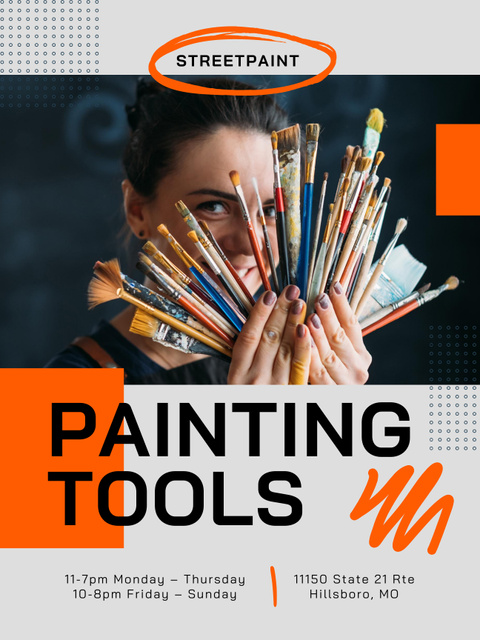 Template di design Painting Tools Offer with Woman holding Paintbrushes Poster US