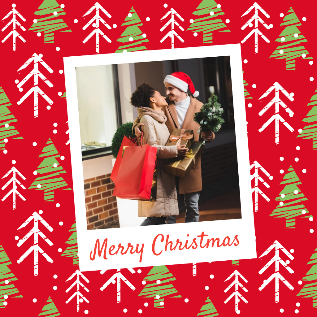 Christmas Holiday Greeting with Cute Happy Couple with Gifts Instagram Design Template
