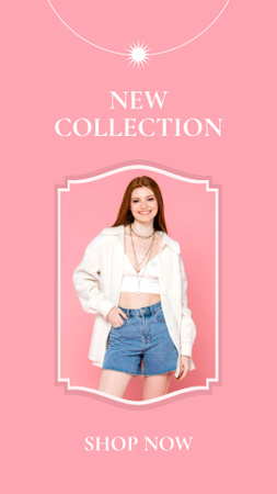 New Fashion Collection Ad with Young Smiling Woman Instagram Story Design Template