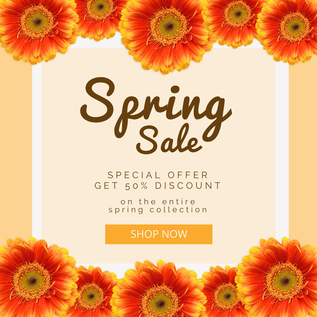 Designvorlage Spring Sale Announcement with Orange Gerberas für Instagram