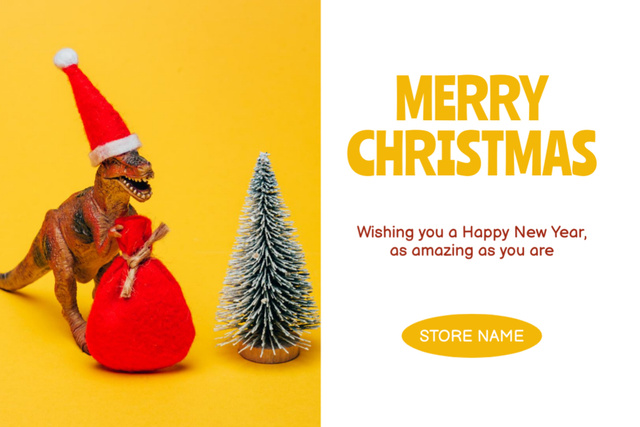 Template di design Exciting Christmas and New Year Greeting with Dinosaur with Bag of Gifts Postcard 4x6in