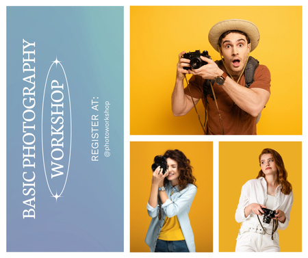 Designvorlage Grundlegender Fotografie-Workshop auf blauem und gelbem Hintergrund für Facebook