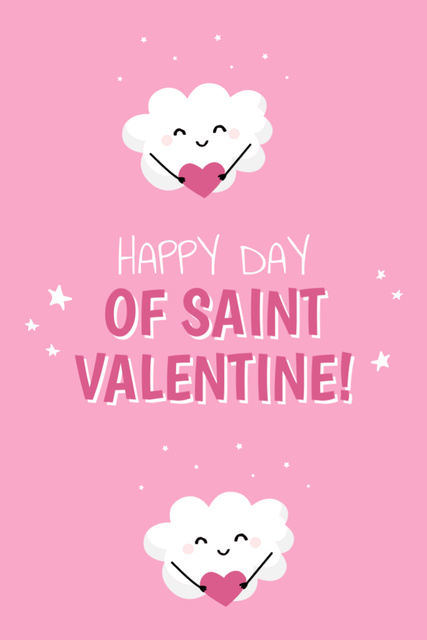 Ontwerpsjabloon van Postcard 4x6in Vertical van Valentine's Greeting with Cute Clouds Holding Pink Hearts