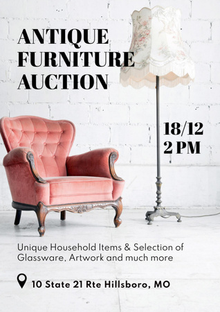 Designvorlage Ankündigung der Auktion für antike Möbel mit Vintage-Sessel für Flyer A4