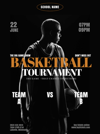 Designvorlage silhouette eines basketballspielers mit ball für Poster US