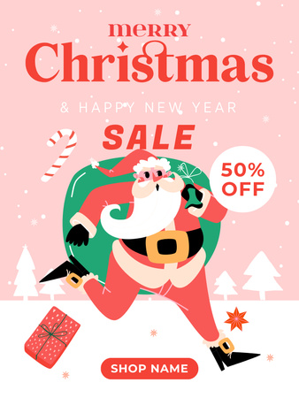 Cartoon Santa Runs to Christmas Sale Poster US Design Template