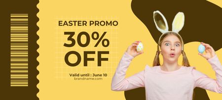 Easter Discount Offer with Teenage Girl in Bunny Ears Holding Easter Eggs Coupon 3.75x8.25in Design Template