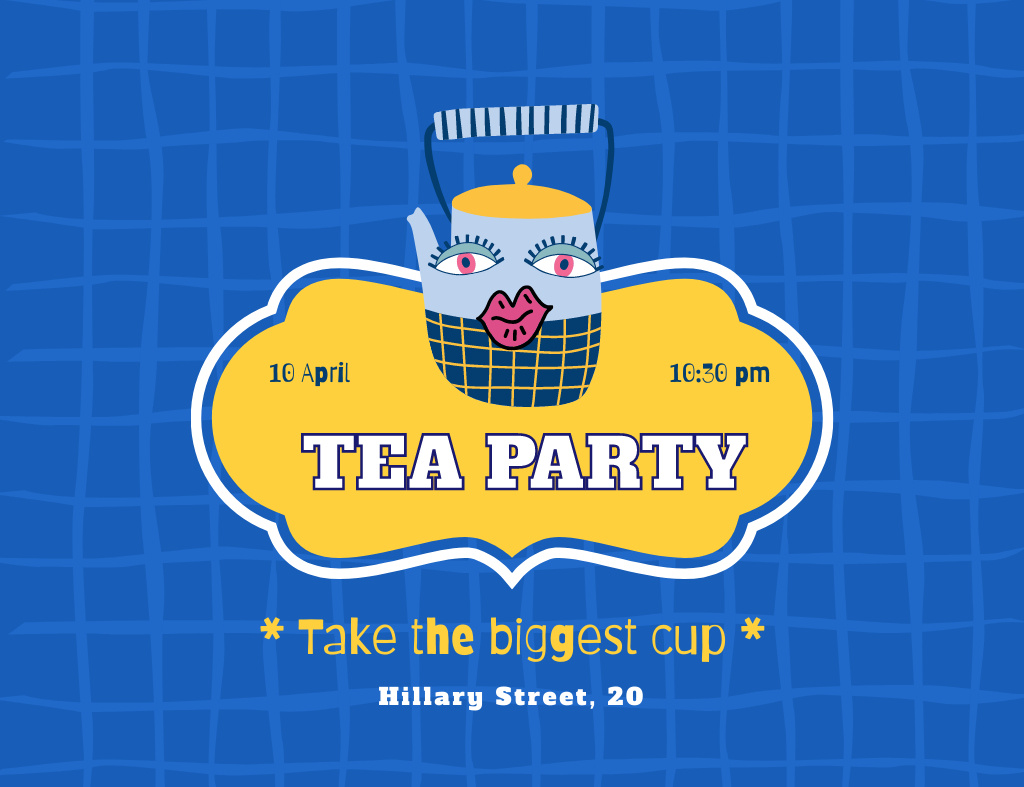 Funny Tea Party Announcement With Character Teapot Invitation 13.9x10.7cm Horizontal – шаблон для дизайна