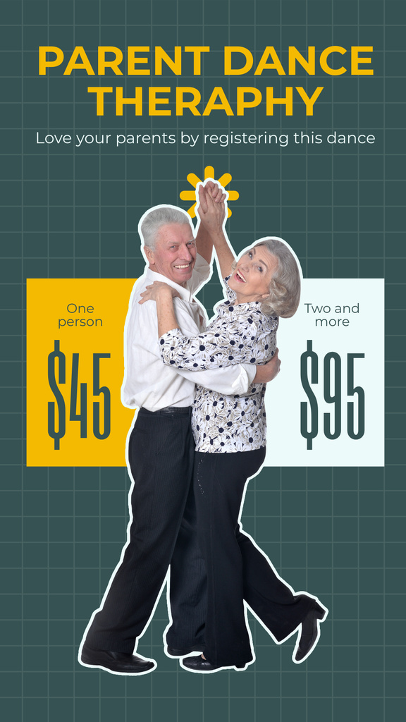 Dance Therapy Ad with Dancing Old Couple Instagram Story Modelo de Design