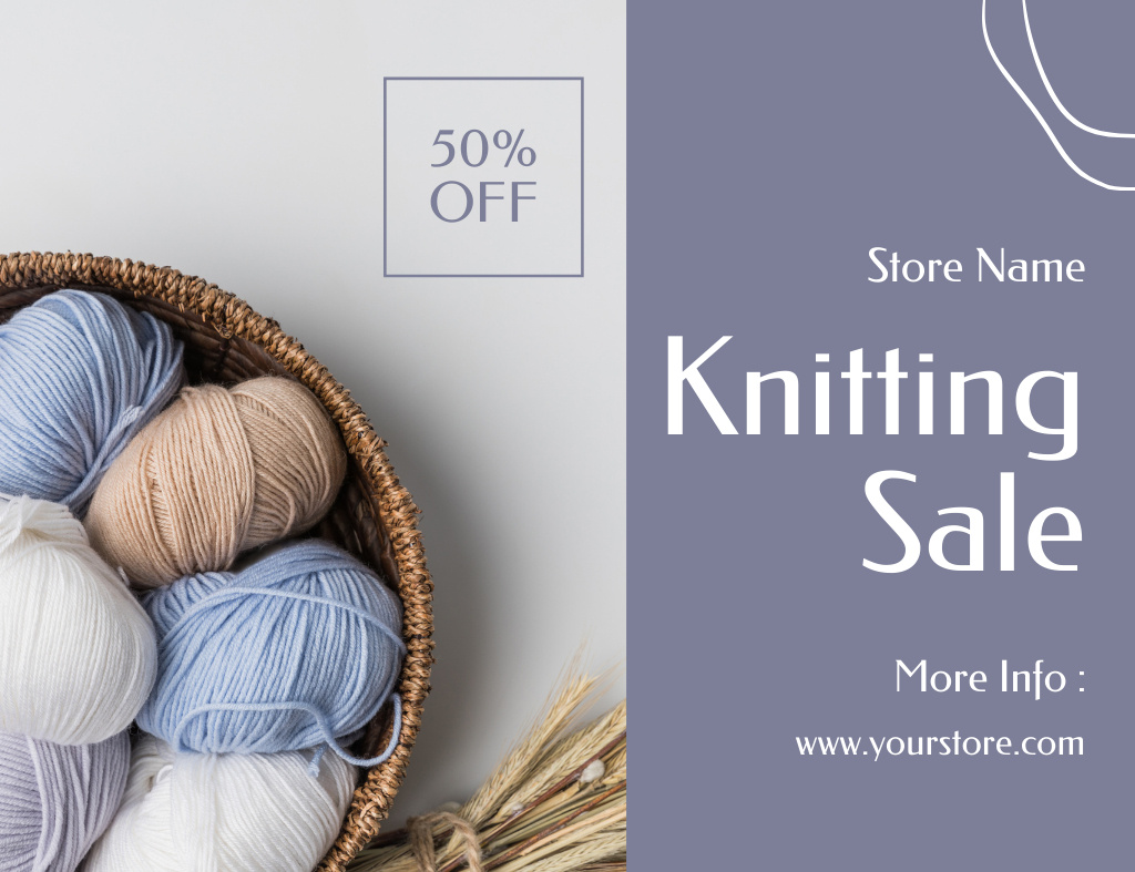 Plantilla de diseño de Knitting Yarn Sale Offer on Pastel Purple Thank You Card 5.5x4in Horizontal 