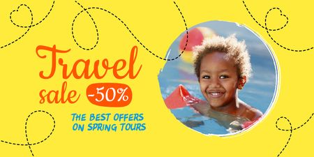 Platilla de diseño Travel Sale Ad with Child in Inflatable Ring Twitter