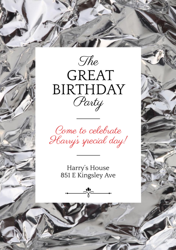 Birthday Party Invitation with Shiny Crumpled Silver Foil Flyer A5デザインテンプレート