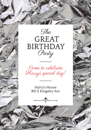 Birthday Party Invitation with Shiny Crumpled Silver Foil Flyer A5 Design Template
