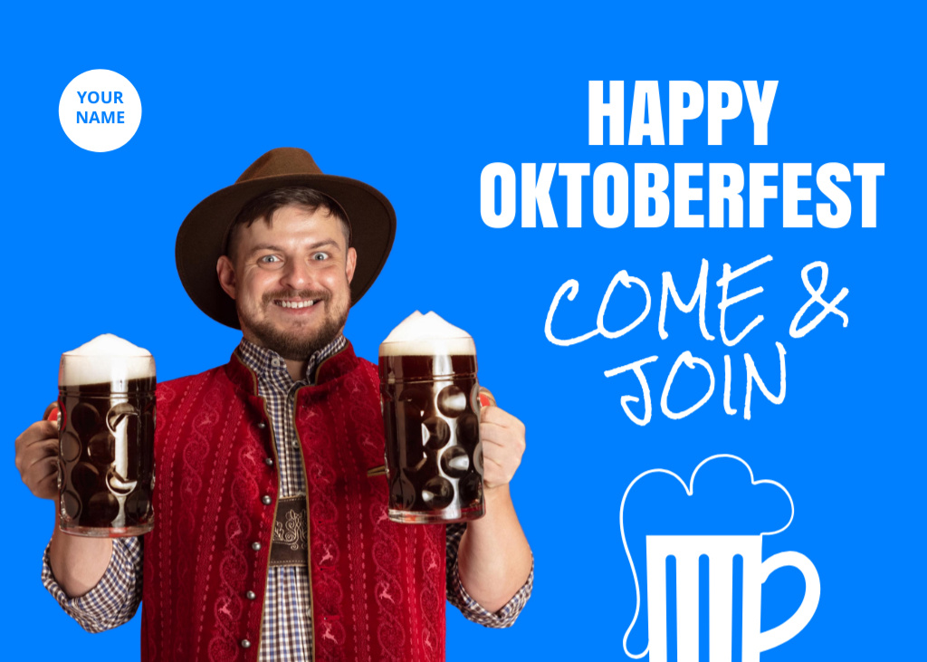 Oktoberfest Celebration Announcement With Beer Glasses in Blue Postcard 5x7in Design Template