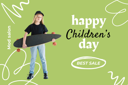 Little Girl With Skateboard On Green Postcard 4x6in Tasarım Şablonu