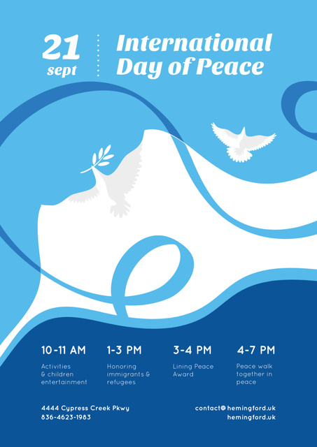 International Day of Peace with Illustrated Dove Birds on Blue Poster B2デザインテンプレート