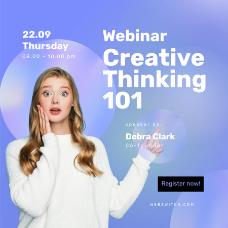 Creative Thinking Webinar with Surprised Blonde Woman Instagram Design Template