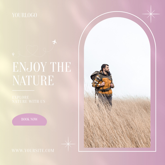Designvorlage Positive Man with Trekking Backpack in Field für Instagram