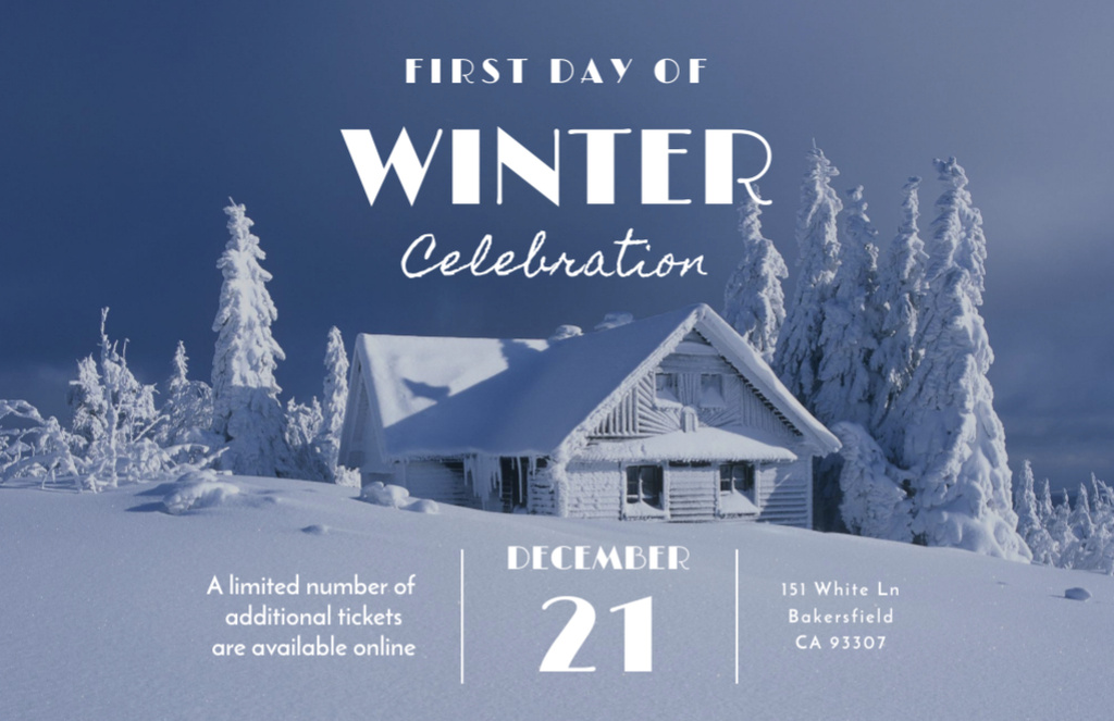 First Day of Winter Celebration with House in Snowy Forest Flyer 5.5x8.5in Horizontal Šablona návrhu