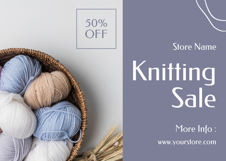 Limited-time Knitting Sale Offer With Skeins Of Yarn In Basket Card Design Template