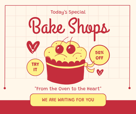 Bake Shop Ad with Simple Cartoon Illustration of Cake Facebook Design Template