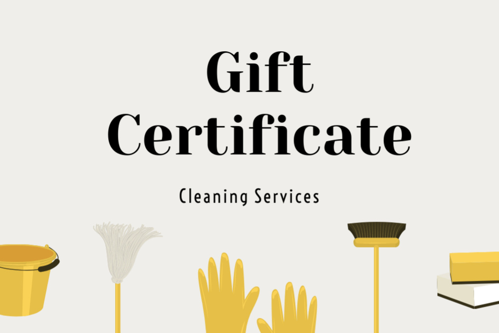 Ontwerpsjabloon van Gift Certificate van Affordable Cleaning Services Offer With Gloves And Broom