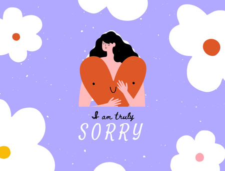 Plantilla de diseño de I'm Truly Sorry Phrase With Woman Holding Heart on Purple Postcard 4.2x5.5in 