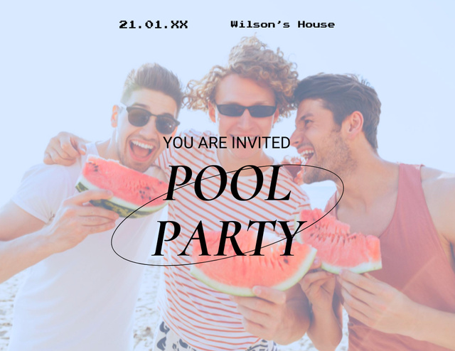 Plantilla de diseño de Pool Party Announcement with Young Cheerful Men Flyer 8.5x11in Horizontal 