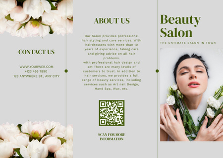 Ontwerpsjabloon van Brochure van Schoonheidssalon Af met vrouw in melkbad met verse Eustoma-bloemen