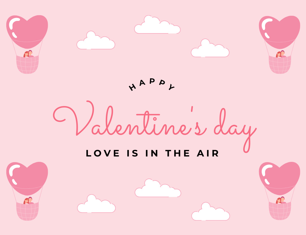 Vibrant Congrats on Valentine's Day with Couples in Love in Balloon In Pink Thank You Card 5.5x4in Horizontal – шаблон для дизайна