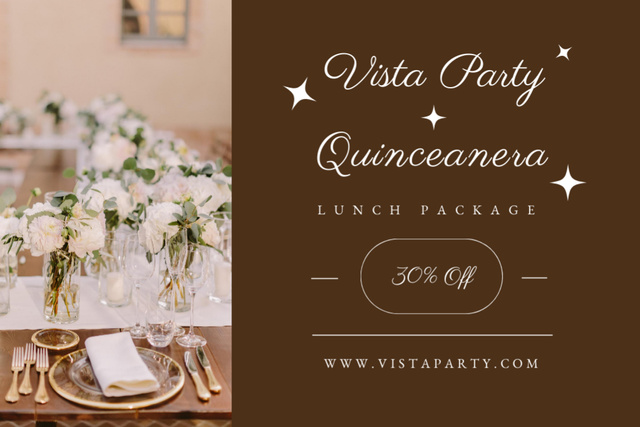 Quinceañera Lunch Package Offer With Discount And Served Table Flyer 4x6in Horizontal Design Template