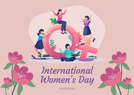 Plantilla de diseño de Ilustración de mujeres y flores en el día de la mujer Card 